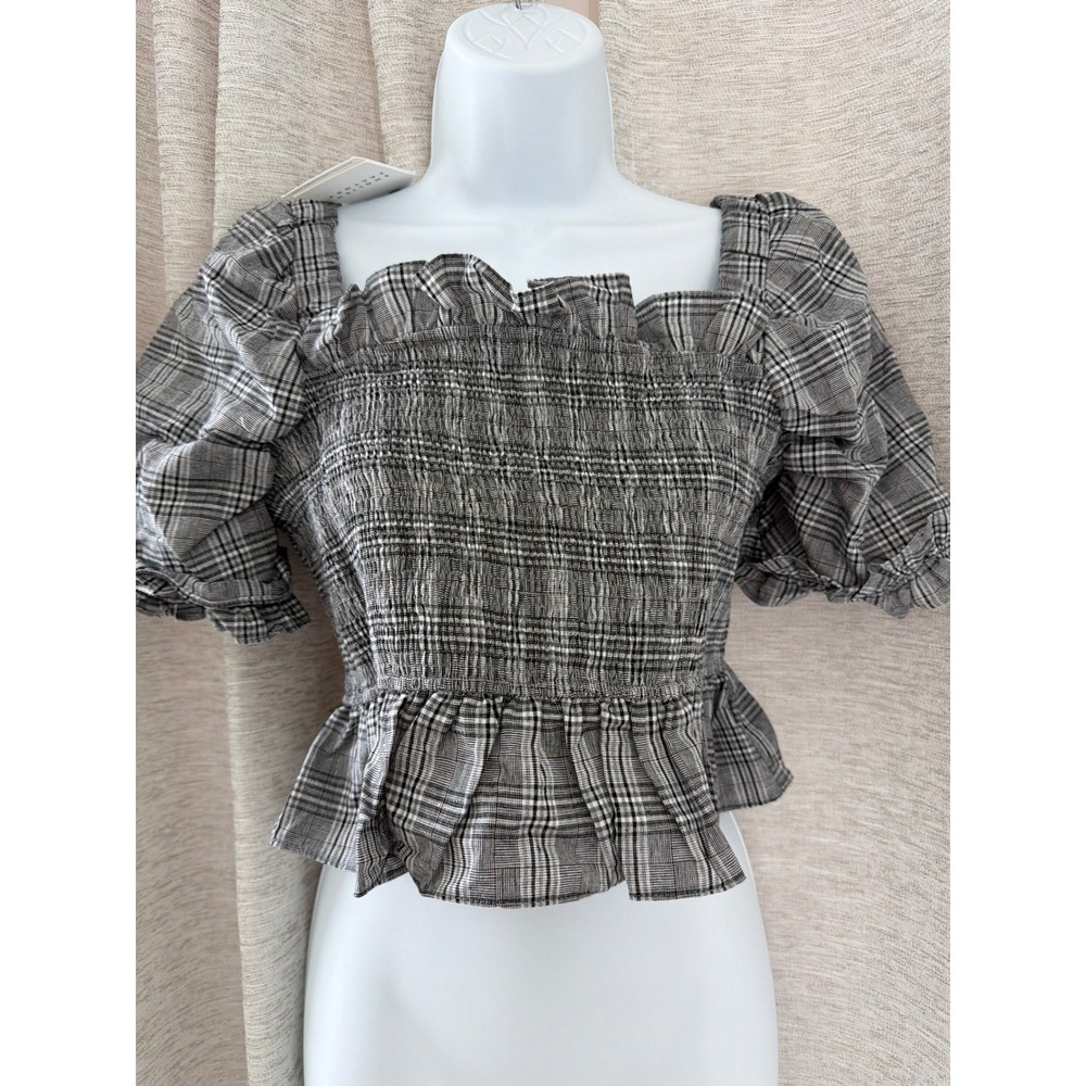 English Factory Plaid Smocked Puff Sleeve Ruffle Crop Top Black White S NWT